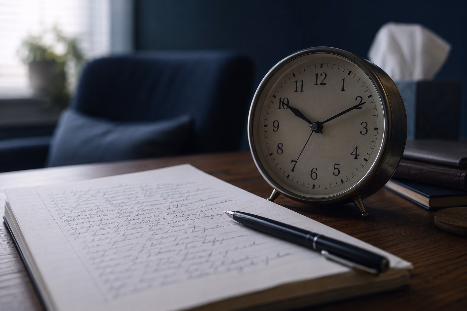 Therapist's clock and session notes on a desk