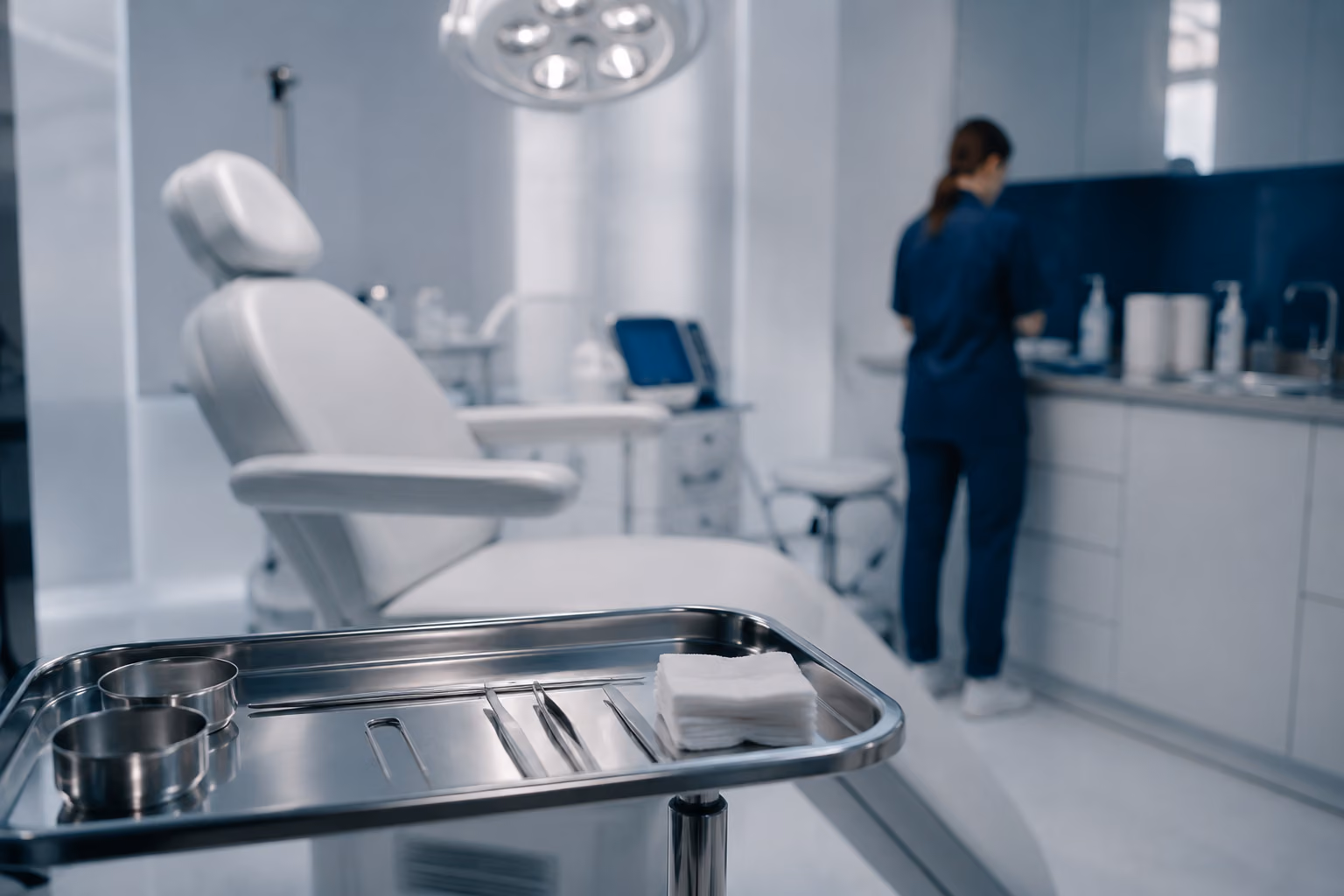 Dermatology procedure room, instruments on a tray