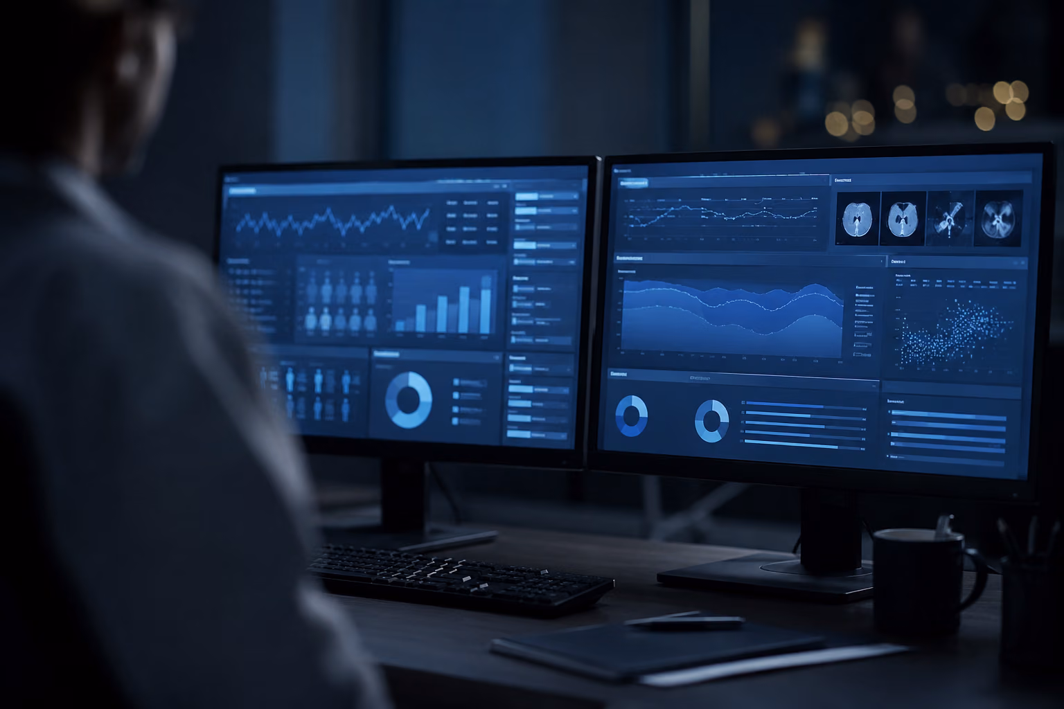 Server-lit dashboard screens in a dark office