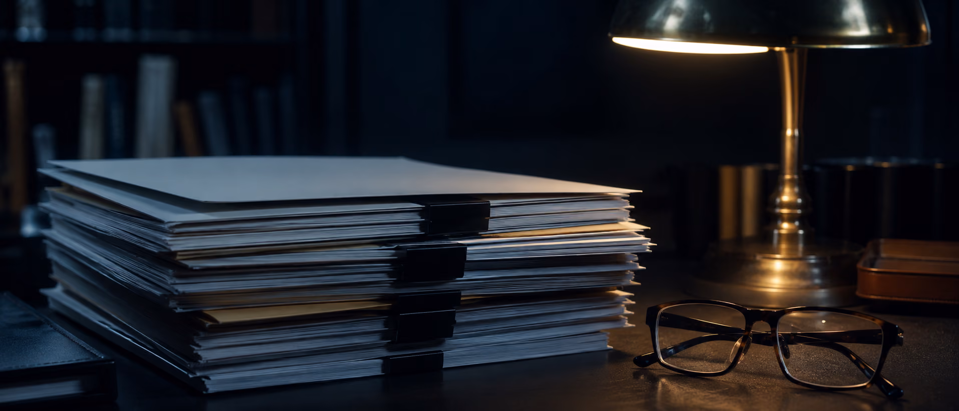 Stacked printed briefs on a dark desk