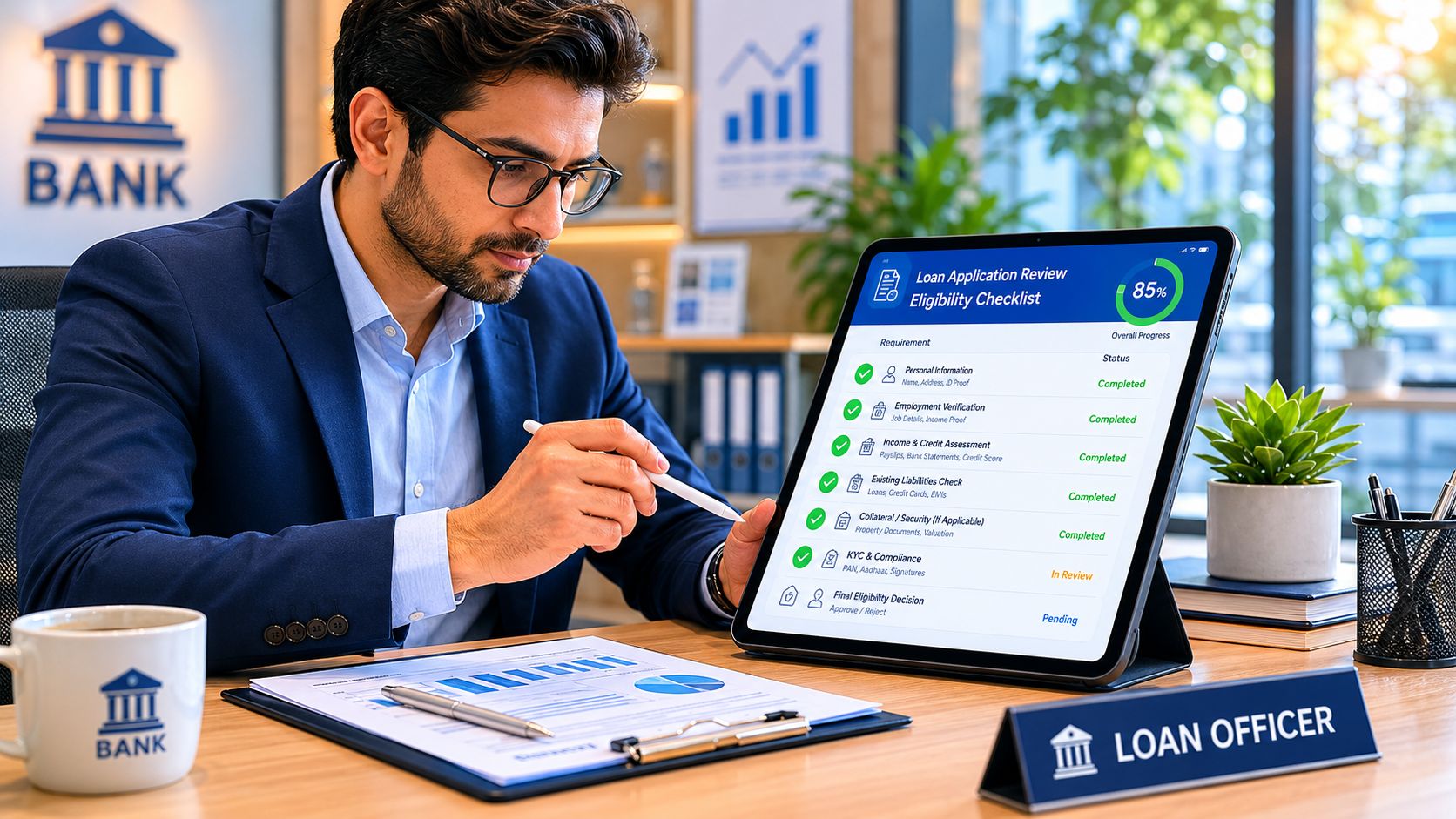 A loan officer reviews a digital application checklist on a tablet while sitting at his desk.
