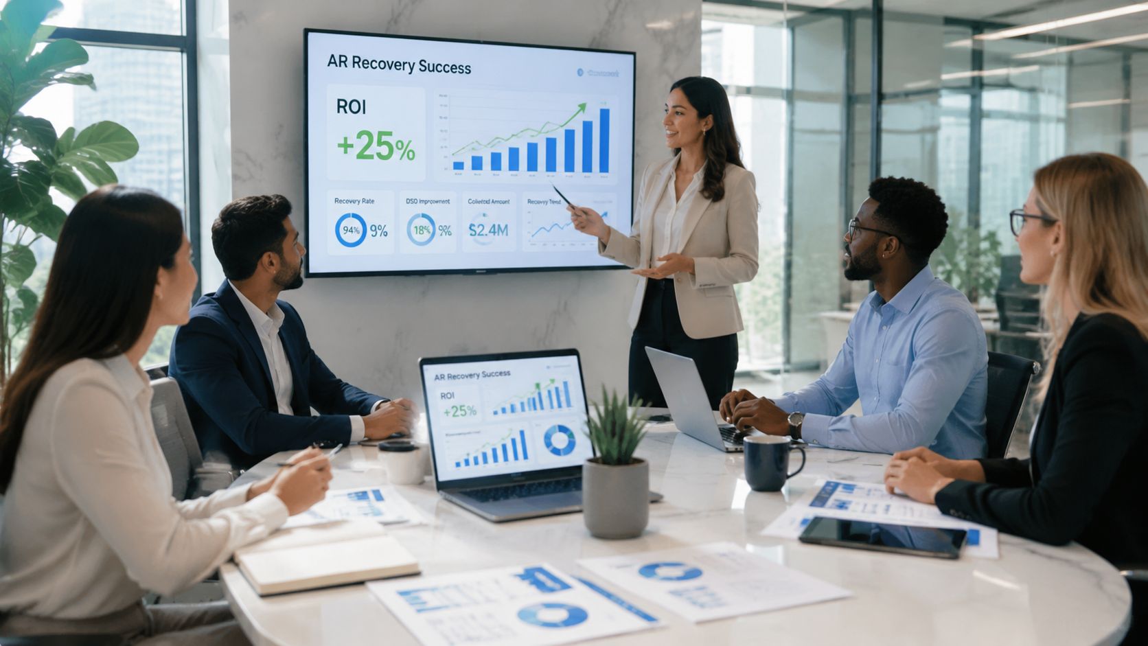 A professional woman presenting financial data on AR recovery success to her team in a modern office.