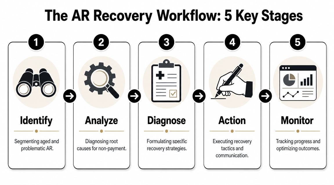 A five-stage flowchart illustrating the professional workflow for effective AR recovery solutions in business.