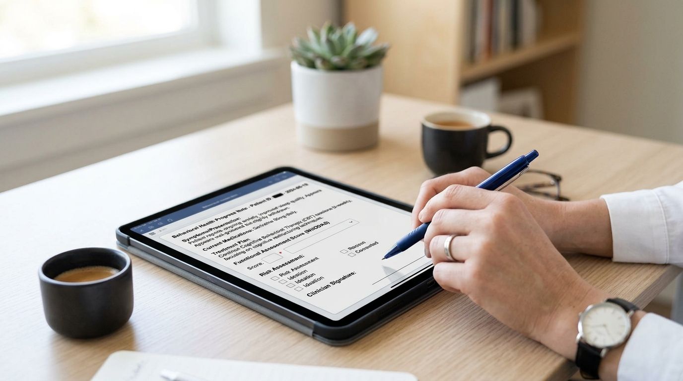 A clinician fills out a digital behavioral health progress note on a tablet at a desk.