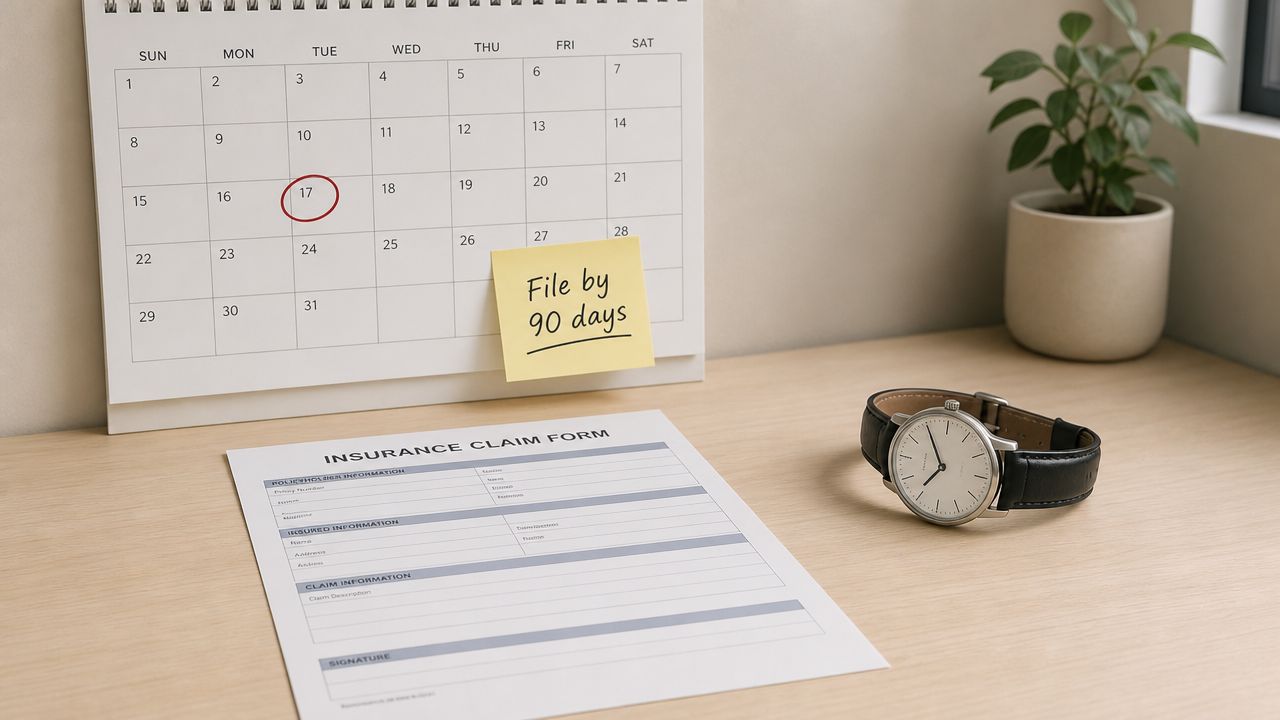 A calendar, a sticky note with a 90-day deadline, an insurance claim form, and a watch on a desk.