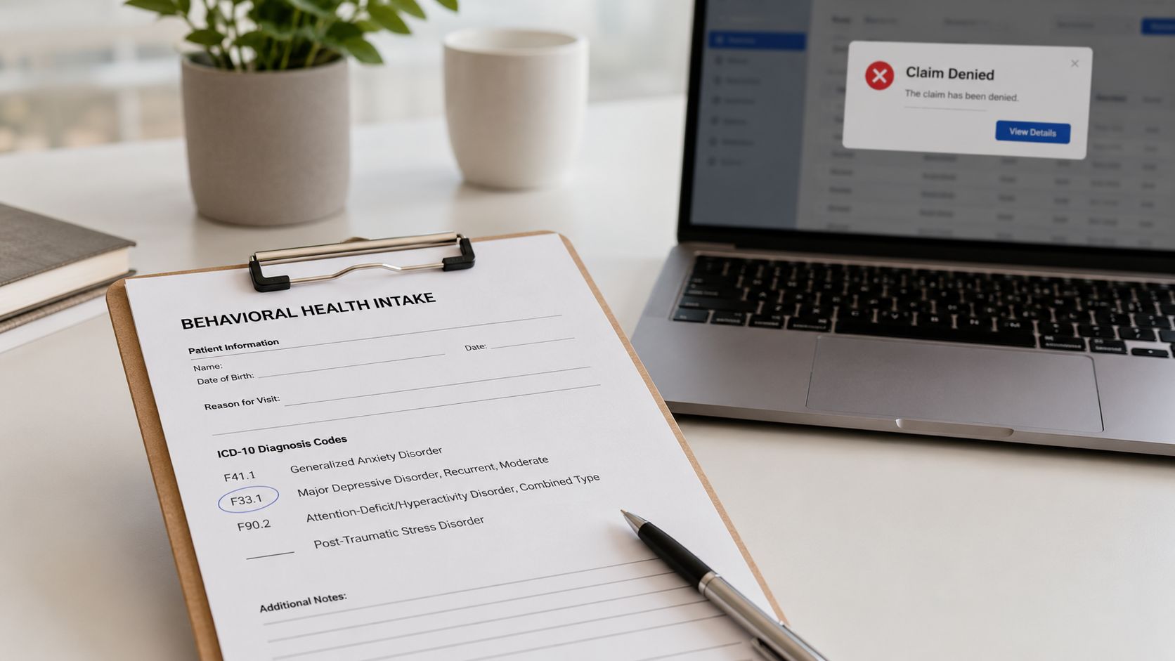 A clipboard with a behavioral health intake form featuring ICD-10 codes next to a laptop displaying a denied claim.