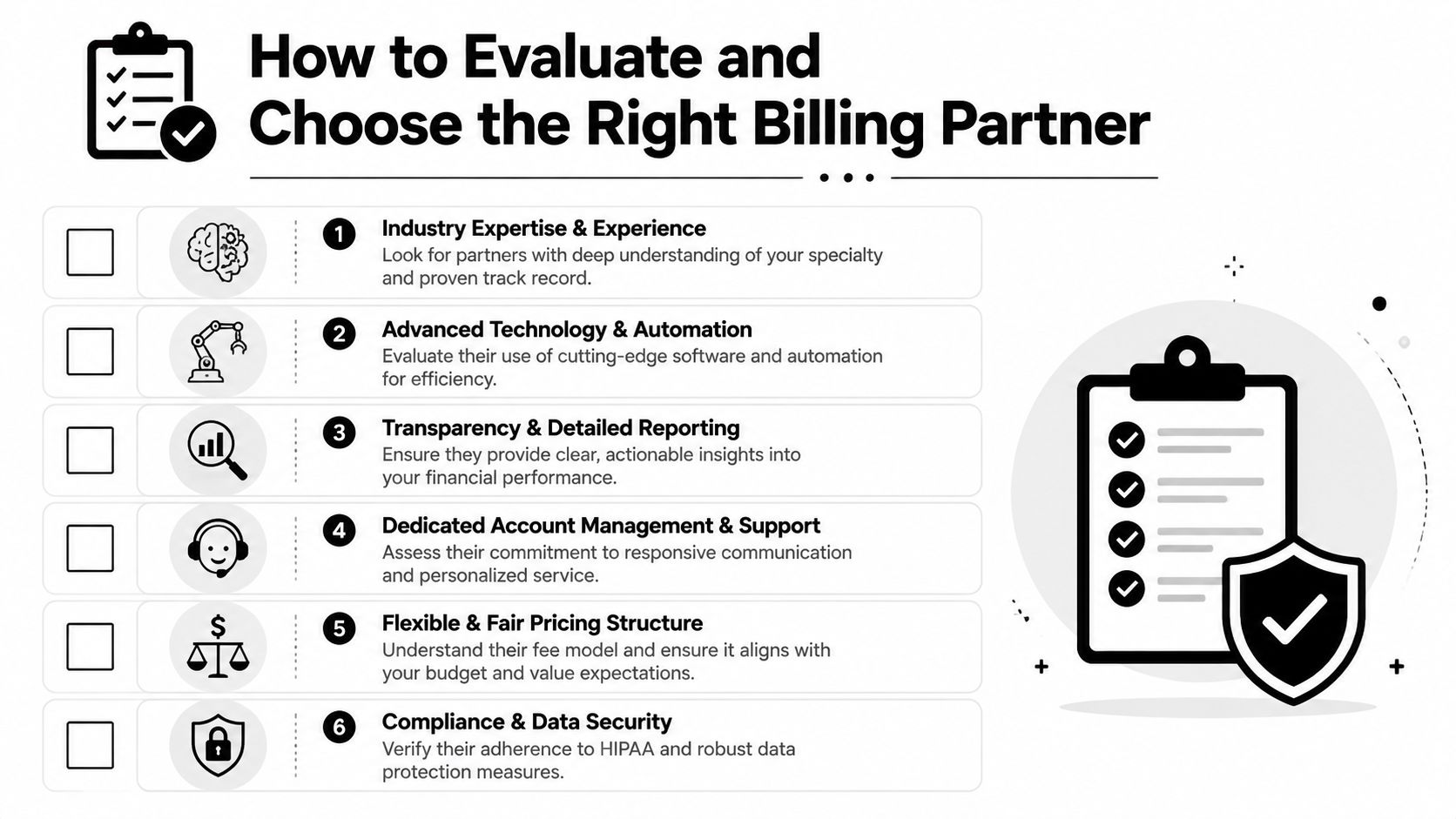 A checklist infographic titled How to Evaluate and Choose the Right Billing Partner with six professional criteria.