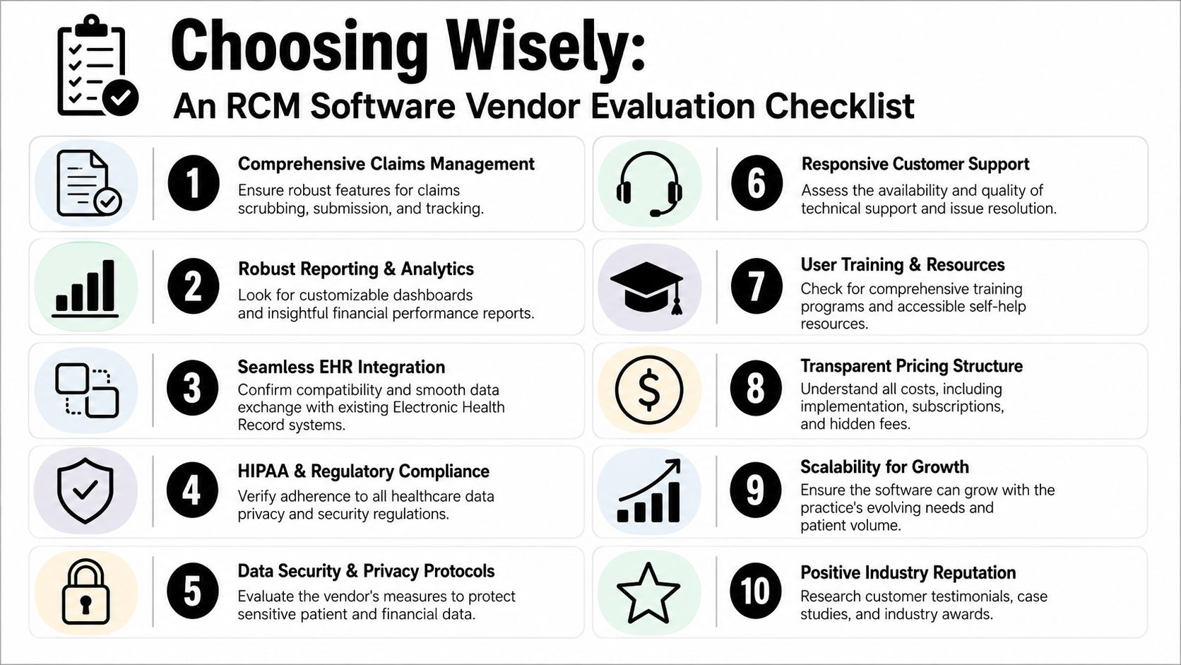 A checklist infographic listing ten key factors for evaluating healthcare RCM software vendor selection.