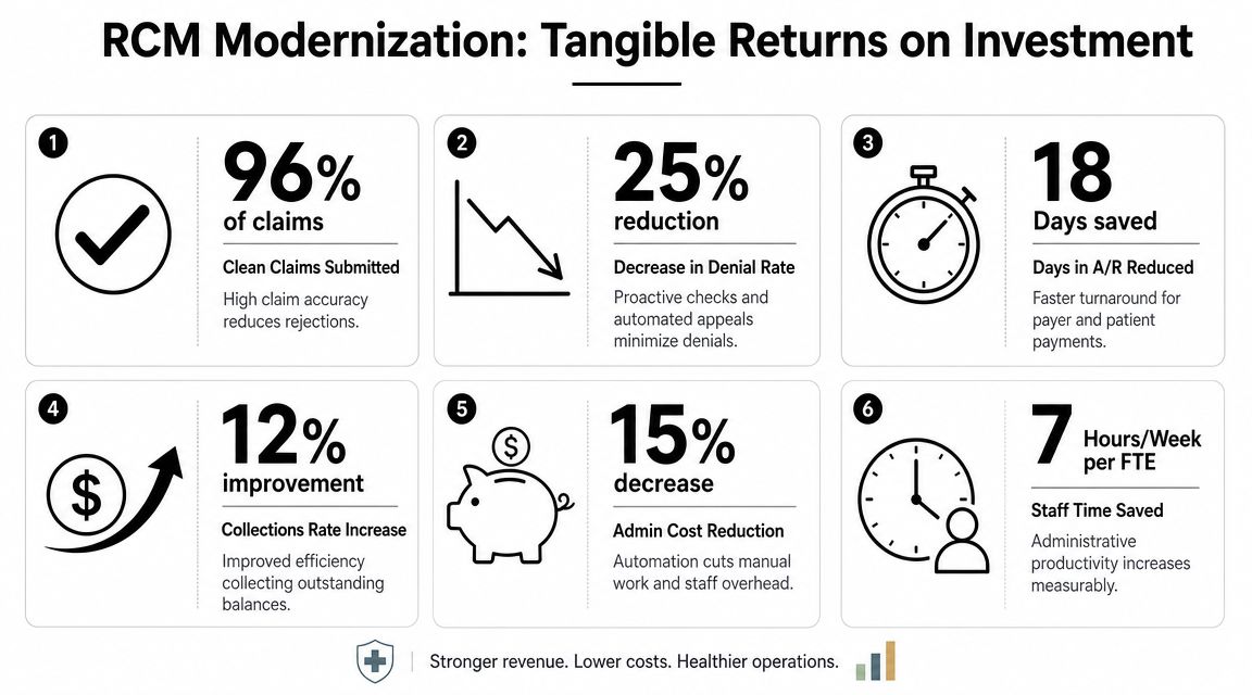 An infographic showing six tangible benefits of RCM modernization in healthcare through improved operational efficiency and finances.