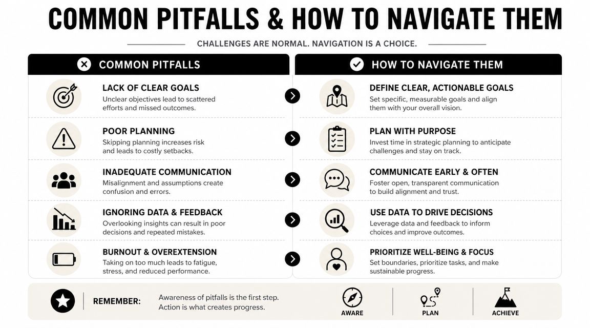 A structured infographic illustrating common business pitfalls and actionable strategies for navigating them effectively to achieve goals.