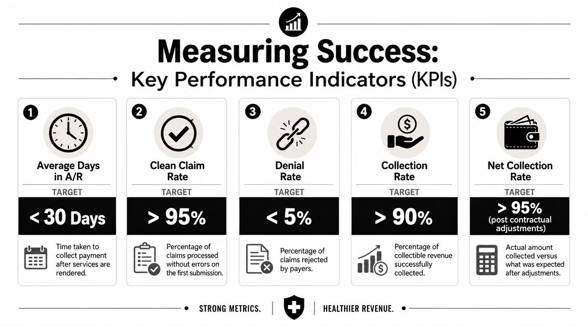 An infographic displaying five key performance indicators for measuring success in medical billing and revenue cycle management.