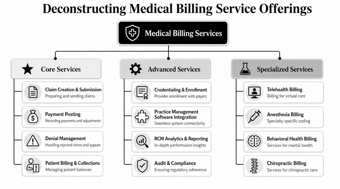 A chart deconstructing medical billing services into core, advanced, and specialized service categories for healthcare providers.
