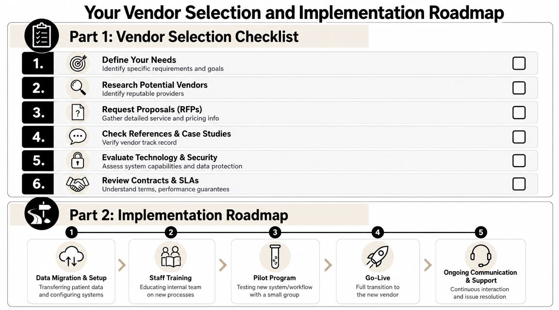 A structured roadmap graphic outlining steps for selecting and implementing medical billing vendor services efficiently.