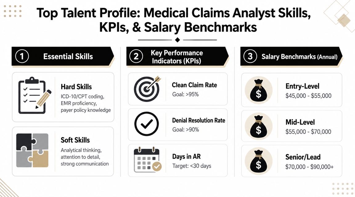 An infographic detailing essential skills, key performance indicators, and salary benchmarks for medical claims analysts.