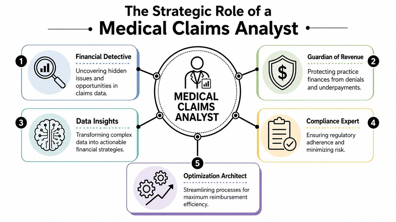 A diagram illustrating the five strategic roles of a medical claims analyst in a healthcare organization.