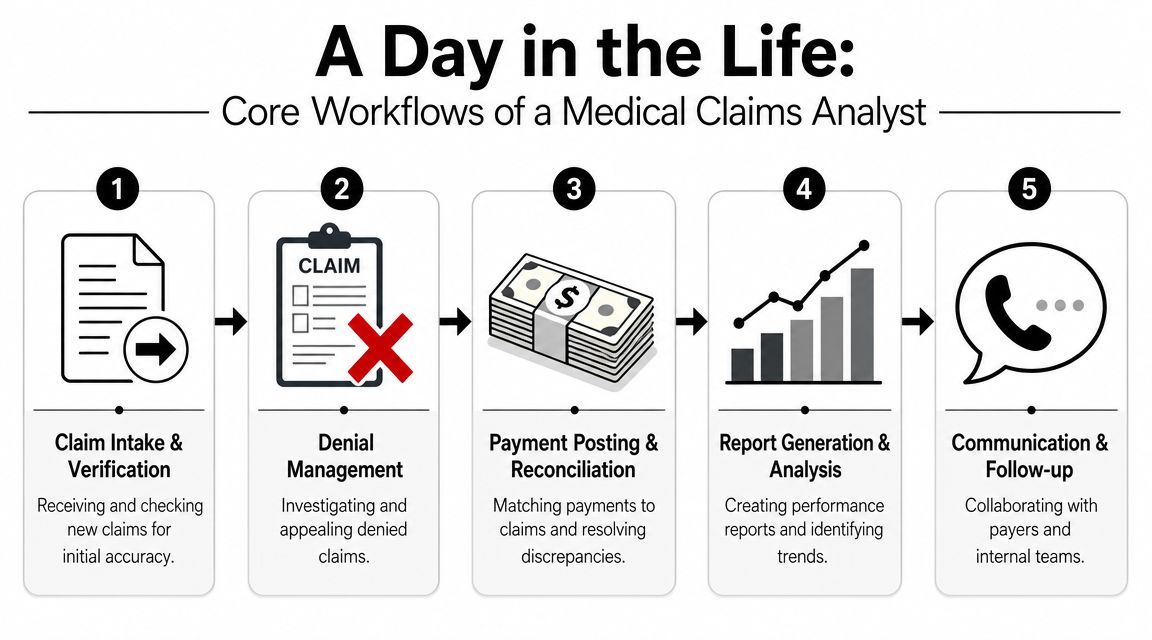 A flowchart showing the five core workflow steps for a medical claims analyst's daily tasks.