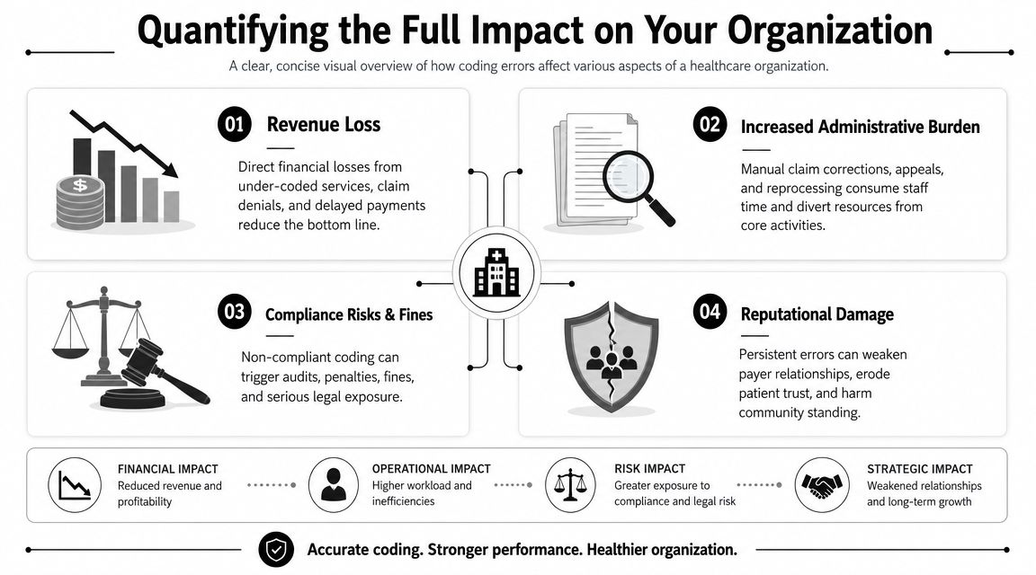 A visual infographic detailing how medical coding errors negatively impact healthcare organizational revenue, operations, compliance, and reputation.