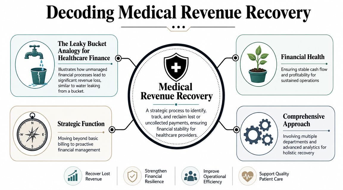 An infographic titled Decoding Medical Revenue Recovery showing strategies to recover lost payments for healthcare providers.