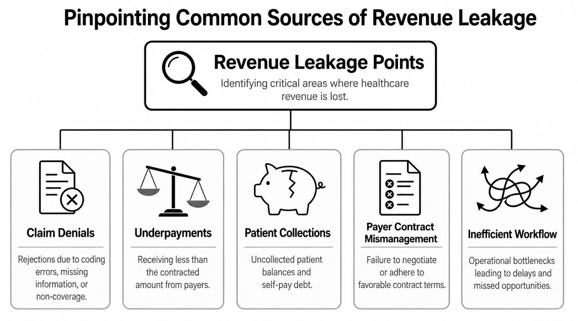 An infographic titled Pinpointing Common Sources of Revenue Leakage in healthcare, listing five key loss areas.