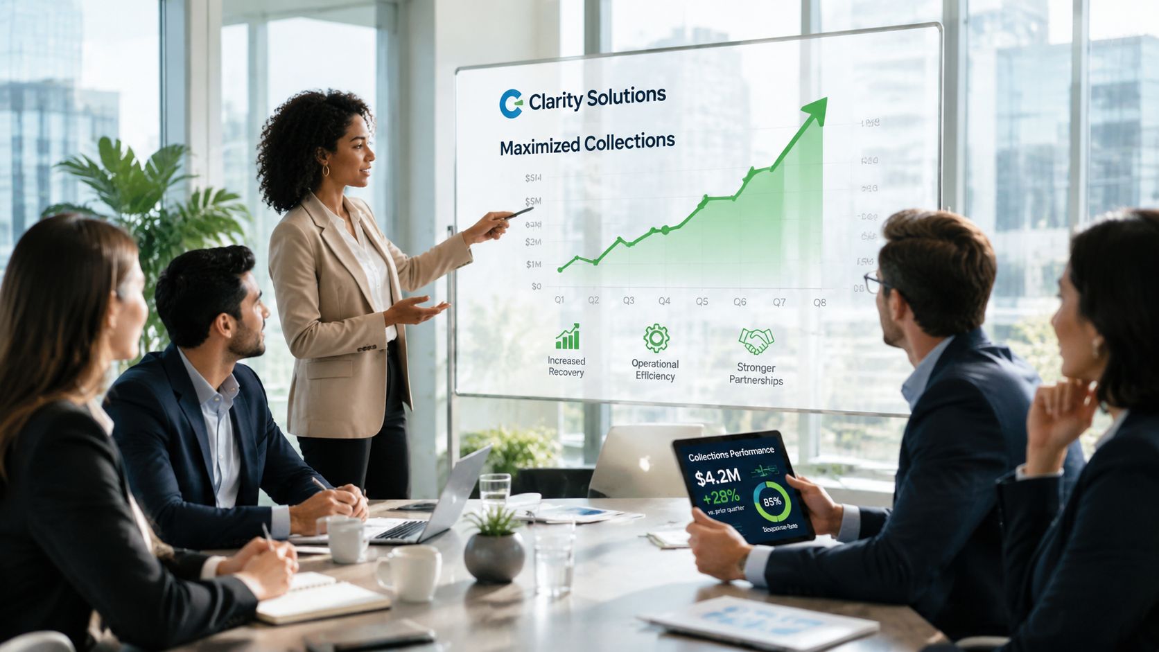 A professional woman presenting financial growth charts to her team in a modern corporate office conference room.