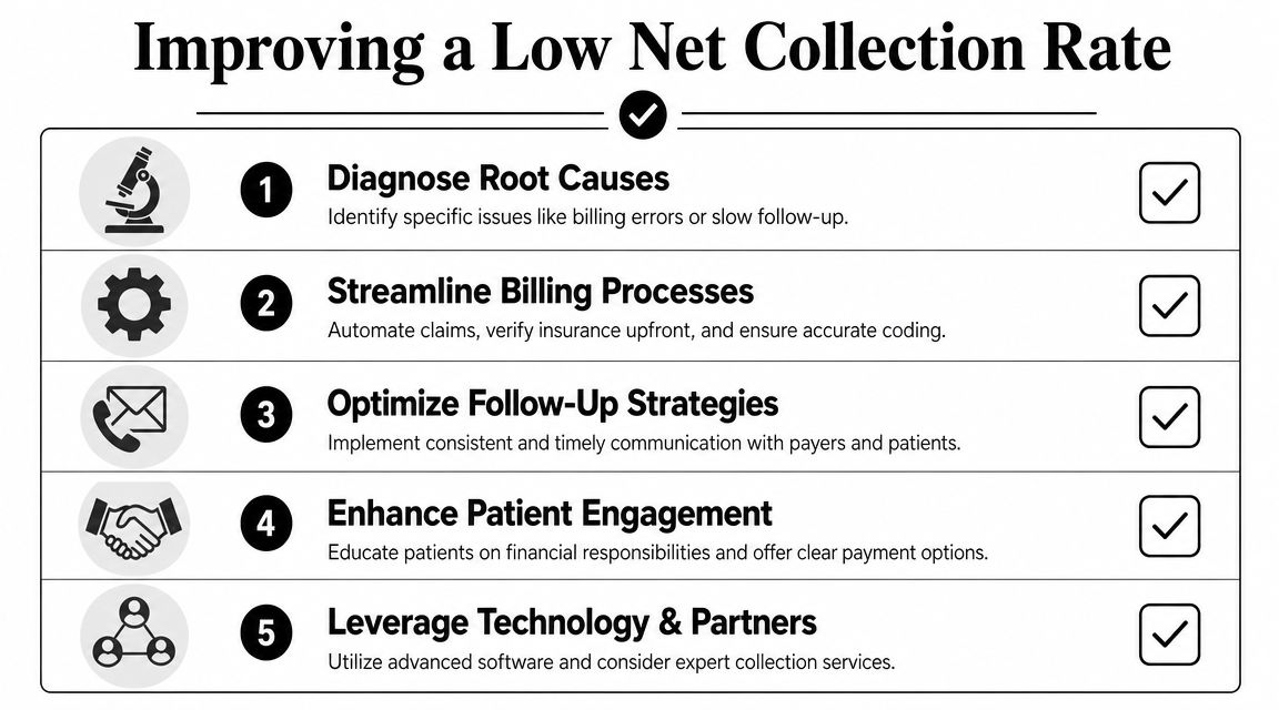 A five-step guide for healthcare providers on improving a low net collection rate through process optimization.