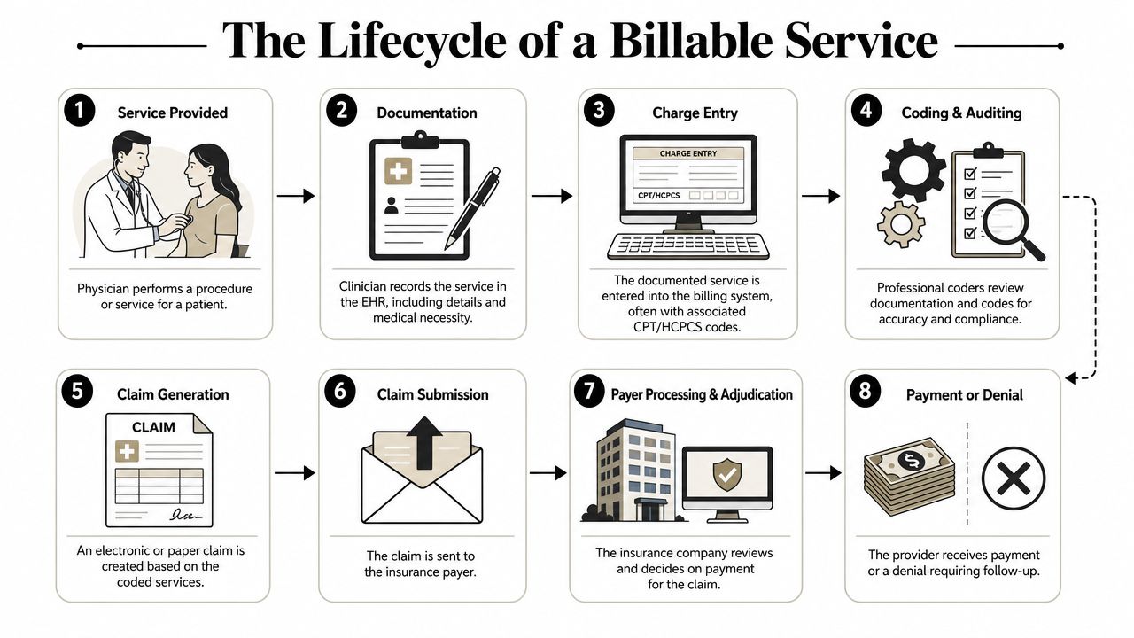 A diagram illustrating the eight steps of the medical billing lifecycle, from service provision to final payment.