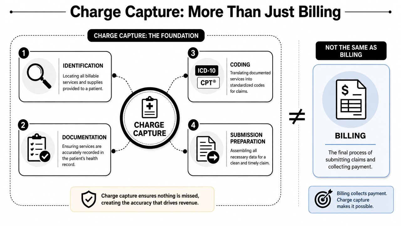 An infographic titled Charge Capture: More Than Just Billing detailing the foundation steps and distinguishing it from billing.
