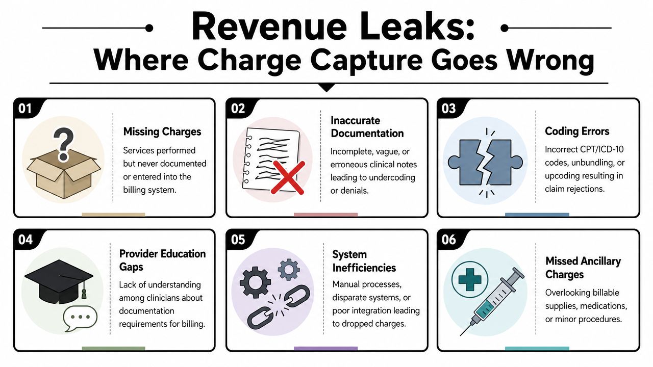 An infographic titled Revenue Leaks outlining six common points where charge capture fails in healthcare billing.