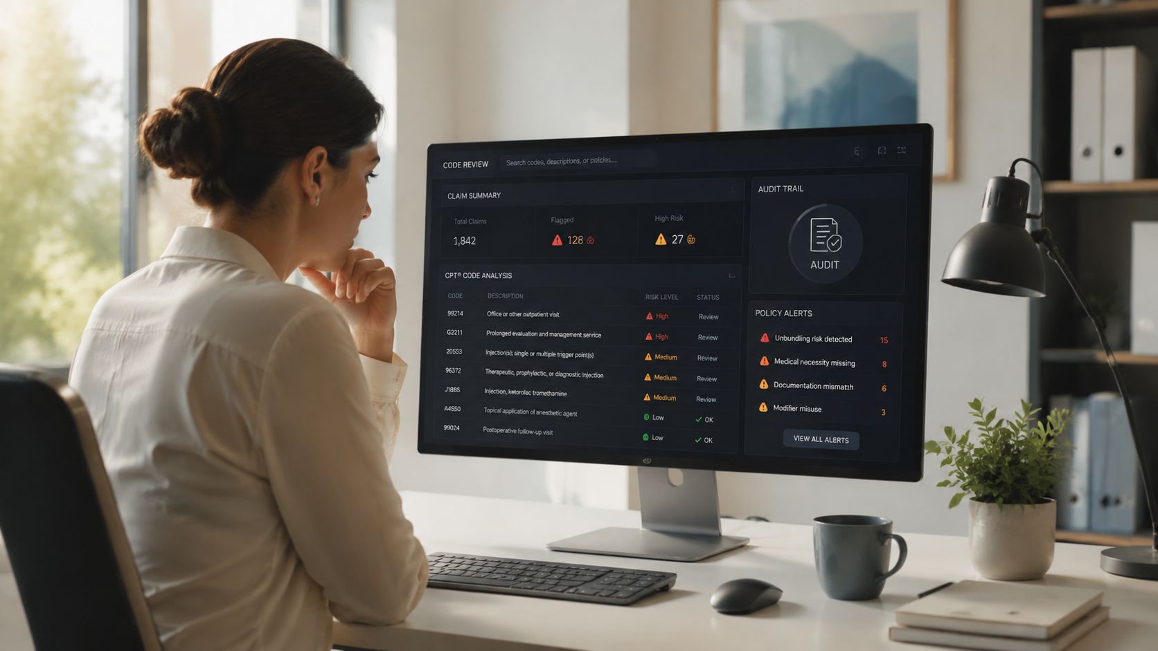 A professional analyzing medical claim data and audit alerts on a computer screen in a modern office.