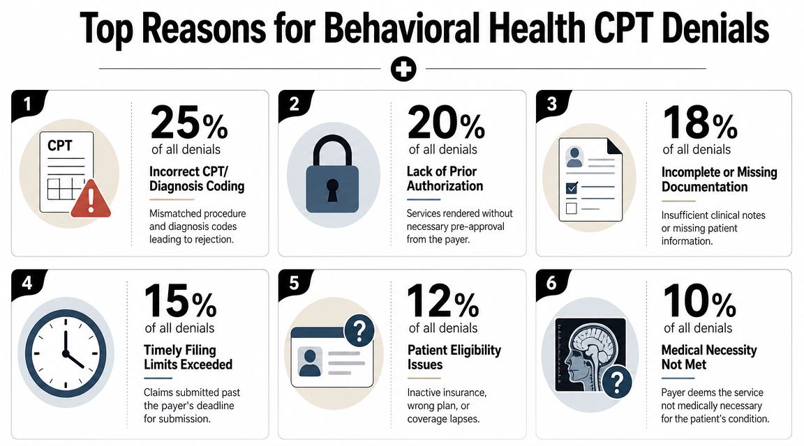 An infographic showing the top six reasons for behavioral health CPT claim denials with their percentages.