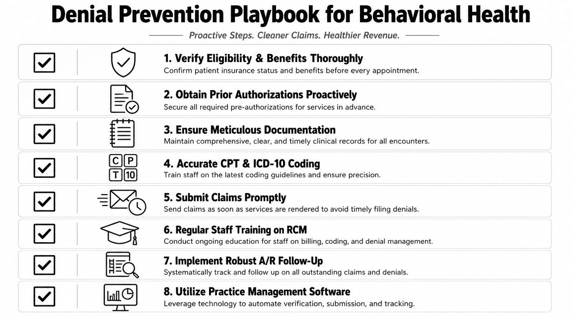 An infographic titled Denial Prevention Playbook for Behavioral Health outlining eight proactive steps to improve medical billing.