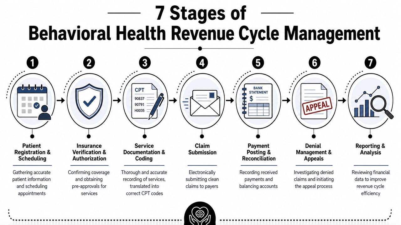A diagram illustrating the seven steps of the behavioral health revenue cycle management process.