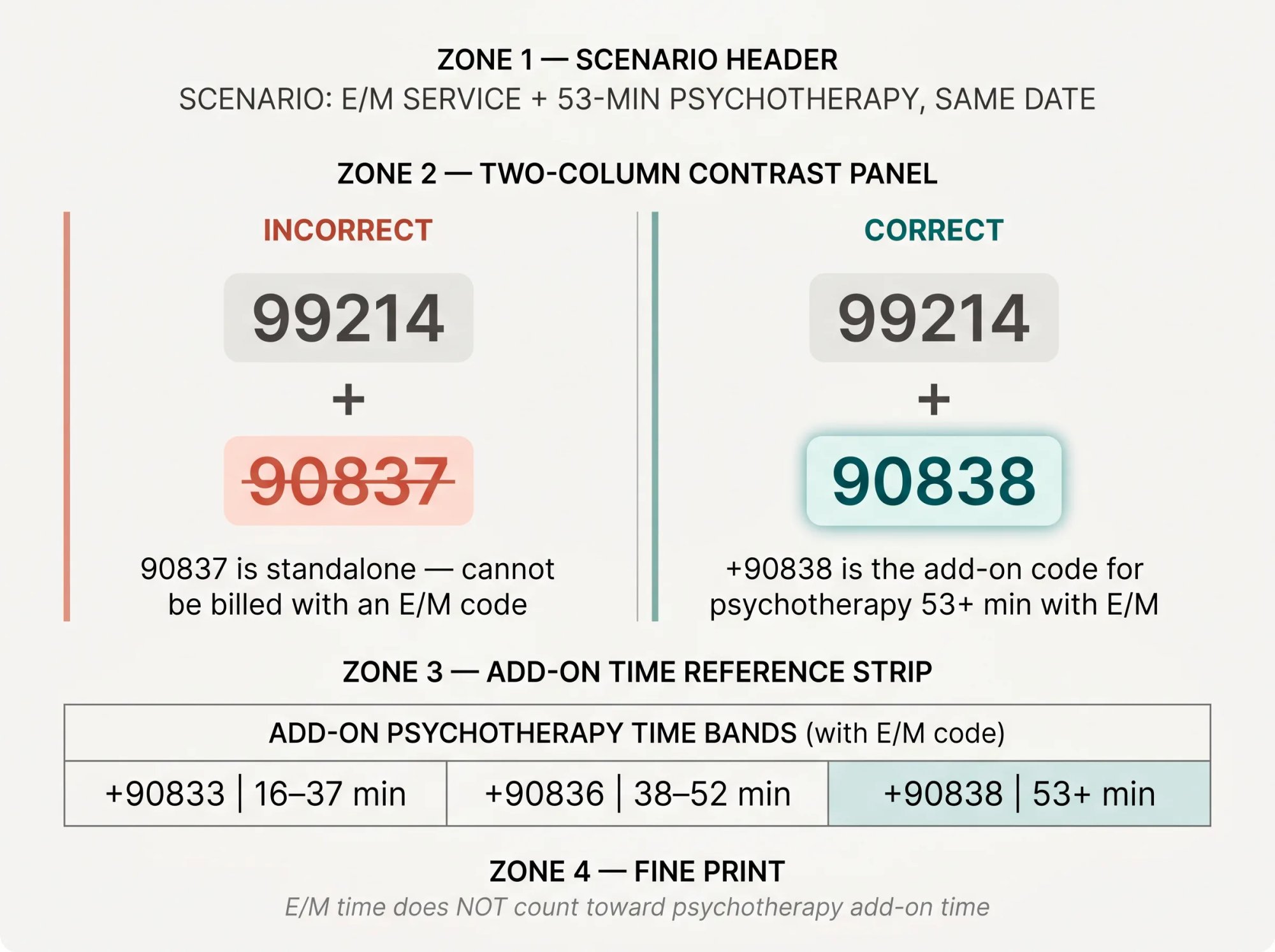 Side-by-side diagram showing the incorrect billing of 99214 plus 90837 versus the correct billing of 99214 plus 90838 when an E/M service accompanies psychotherapy, with add-on time bands below
