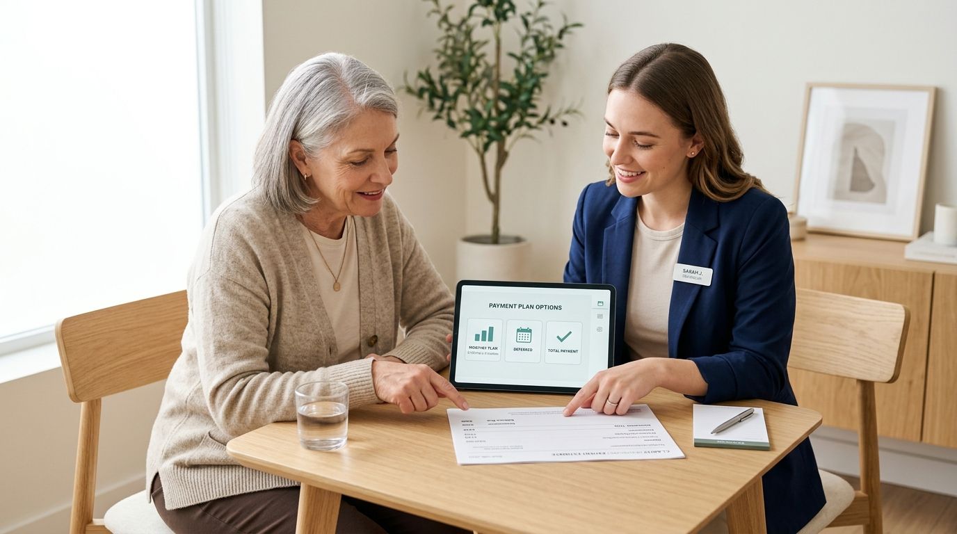 A professional financial advisor discusses payment plan options with an elderly client at a bright office desk.