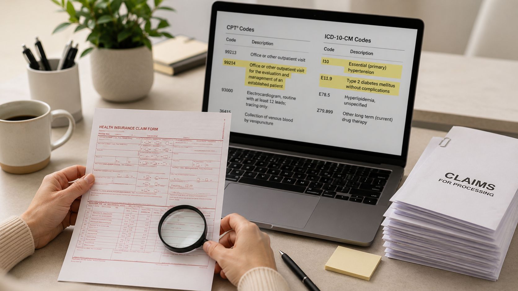 A professional analyzing a health insurance claim form with a magnifying glass near a laptop displaying medical codes.