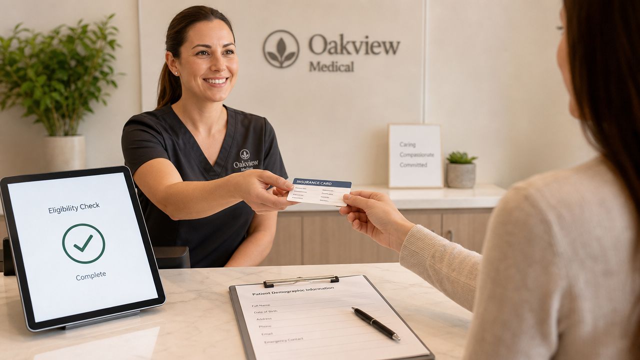 A friendly medical receptionist receiving an insurance card from a patient at an Oakview Medical office desk.