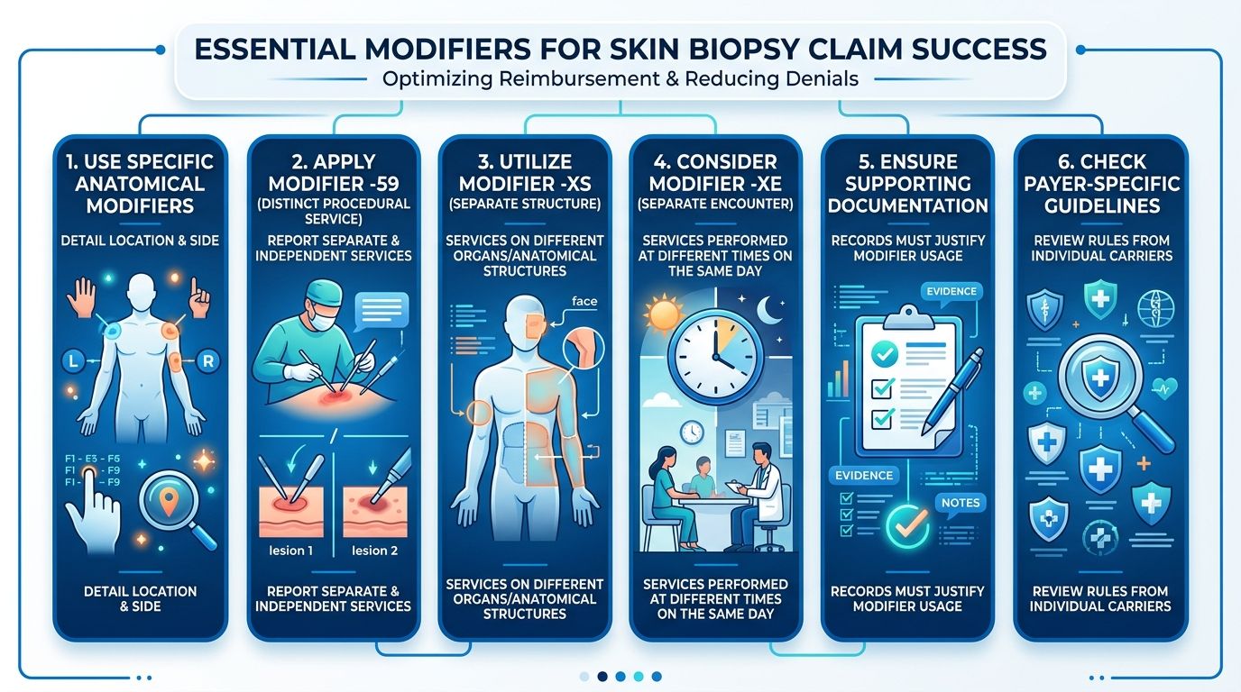 An infographic titled Essential Modifiers for Skin Biopsy Claim Success explaining medical billing procedures for dermatology.