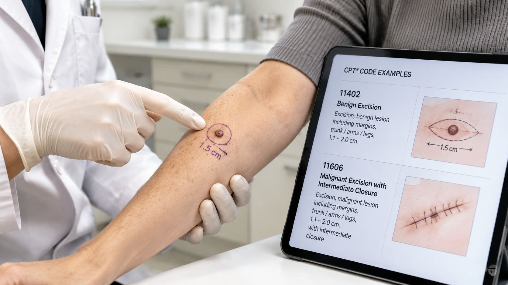 A doctor uses a gloved finger to point at a skin lesion on a patient's forearm.