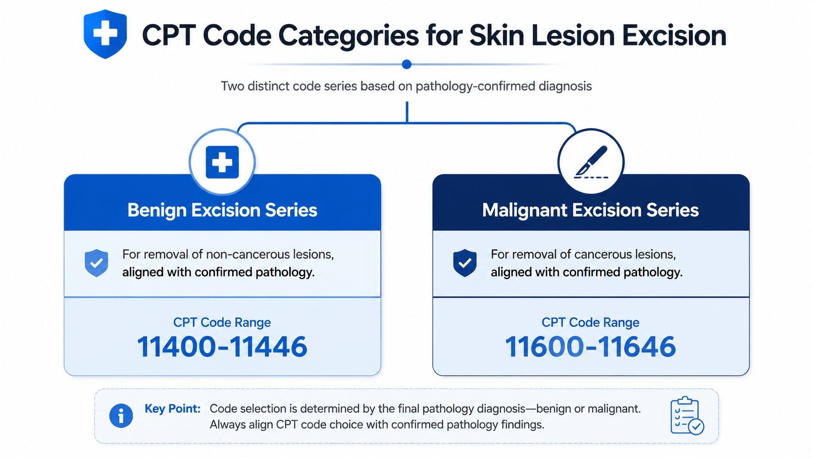 A diagram illustrating the CPT code ranges for benign and malignant skin lesion excision procedures.