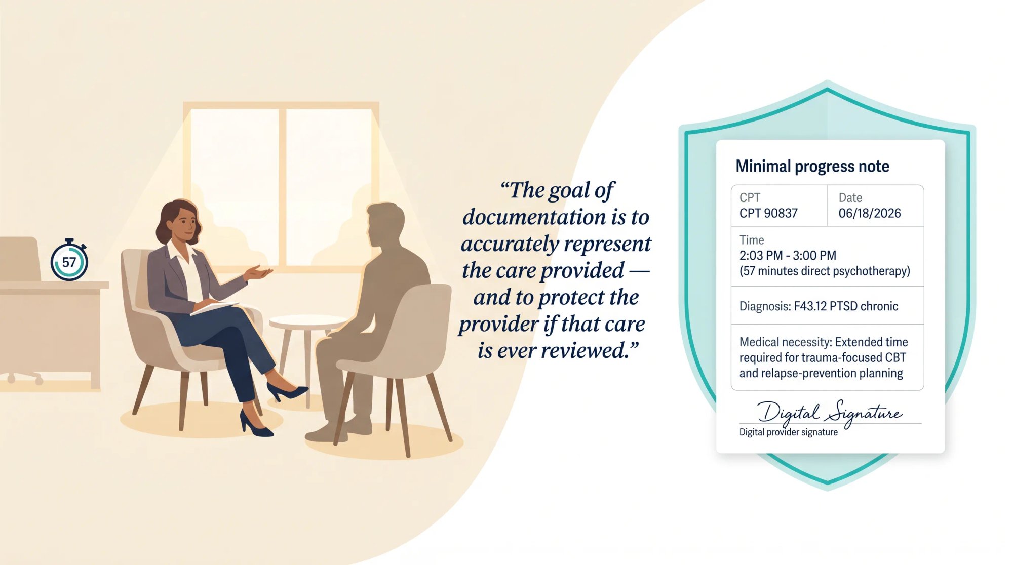 Editorial illustration showing the dual purpose of accurate psychotherapy documentation: representing the care provided and protecting the provider if reviewed