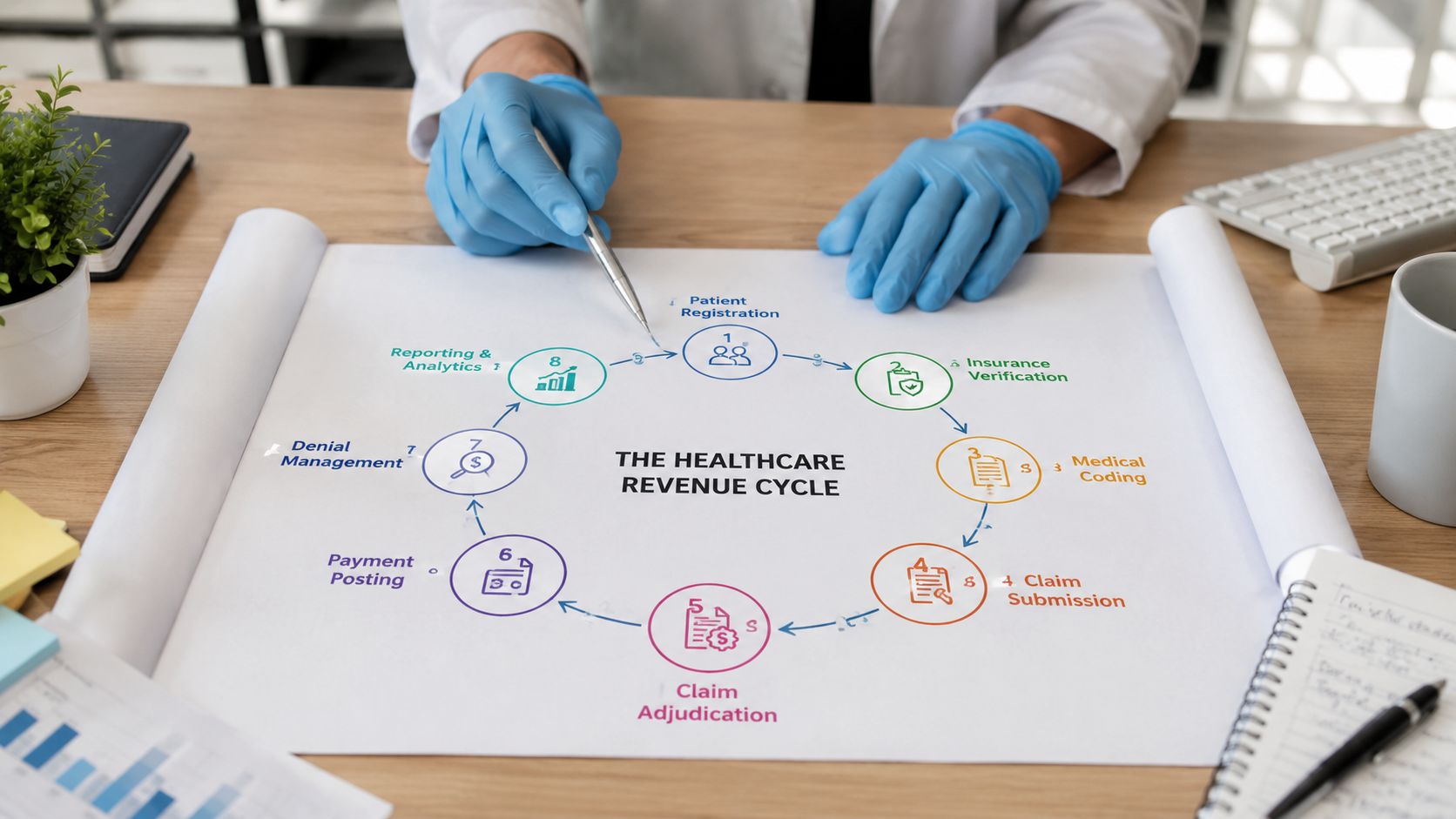 A healthcare professional with blue gloves points to a chart showing the stages of the healthcare revenue cycle.