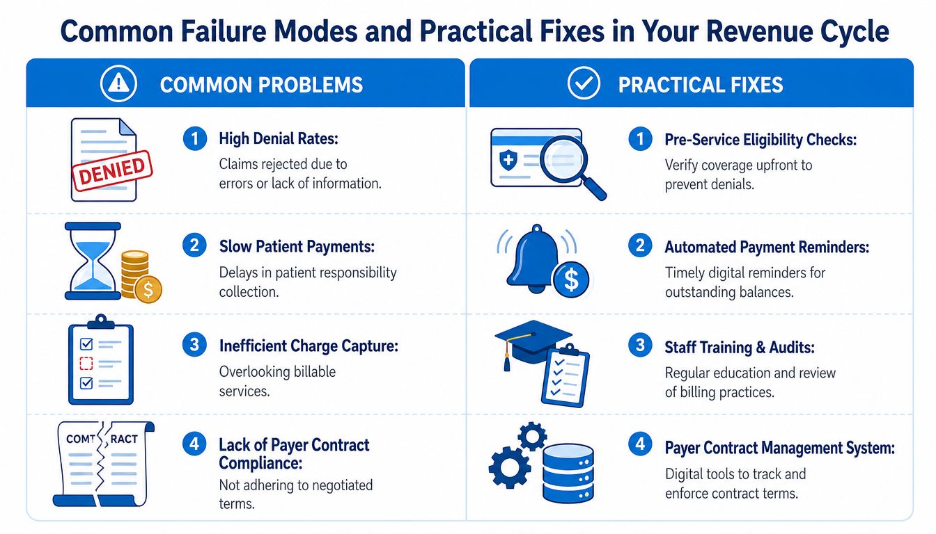 A chart illustrating common revenue cycle failure modes in healthcare and their corresponding practical improvement solutions.