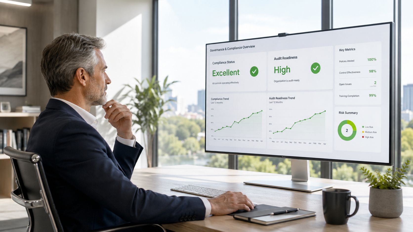 A professional man sitting at a desk reviewing a governance and compliance dashboard on a large monitor.