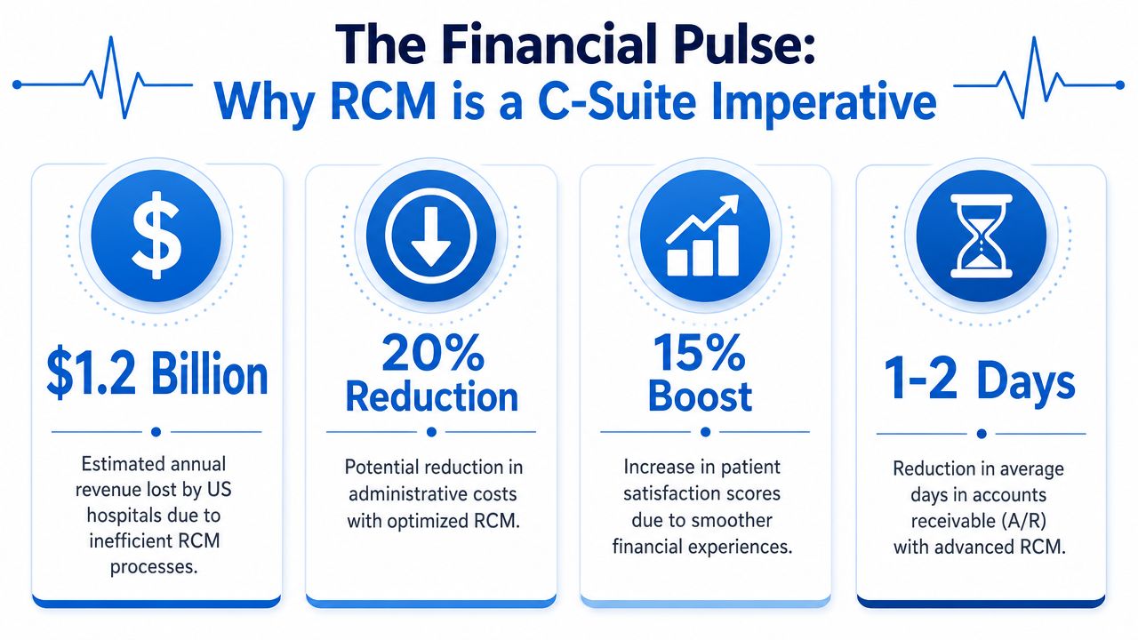 An infographic showing four key financial statistics highlighting why hospital revenue cycle management is a C-Suite priority.