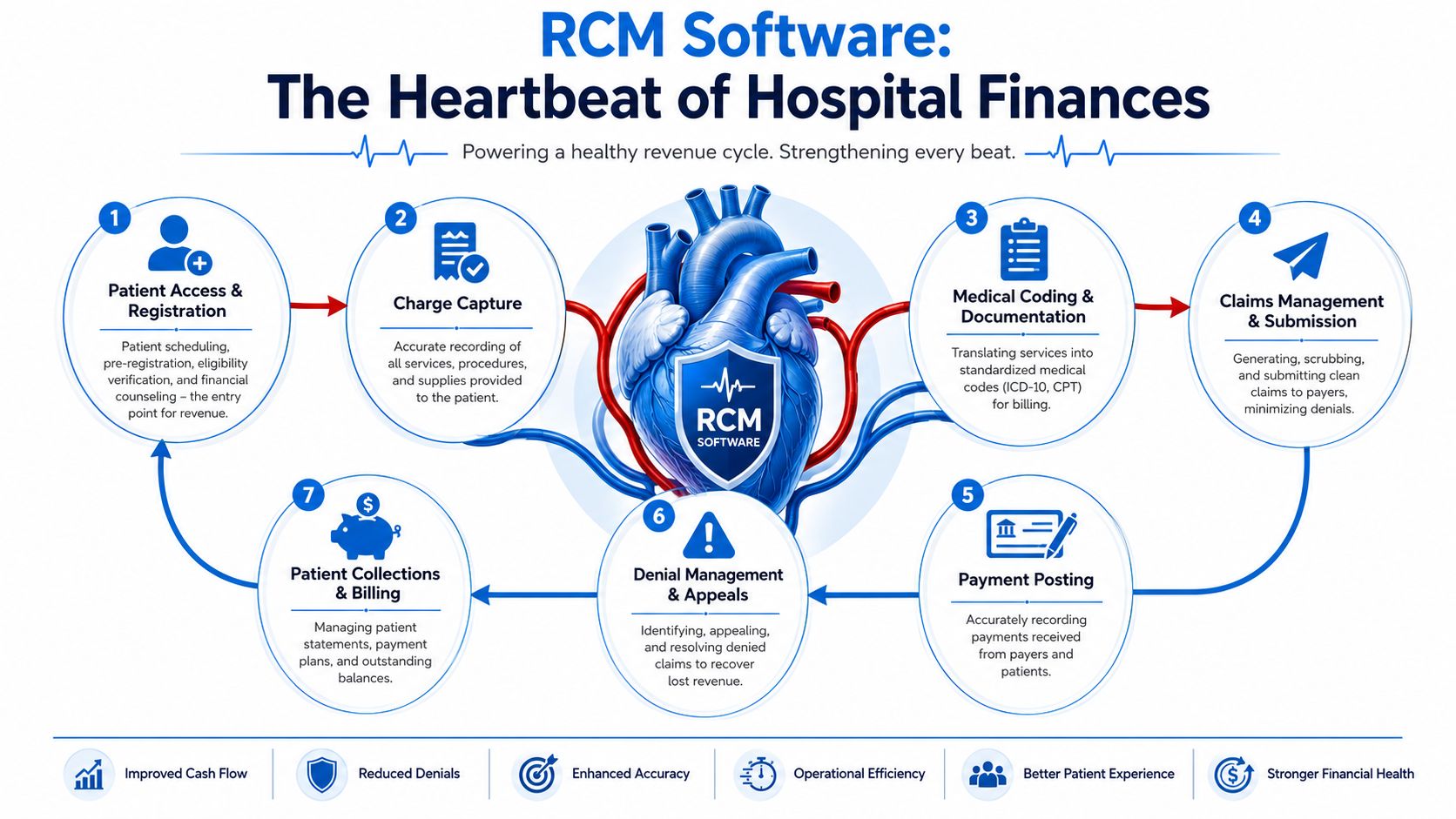 A diagram illustrating the seven stages of hospital revenue cycle management software in a heart shape.