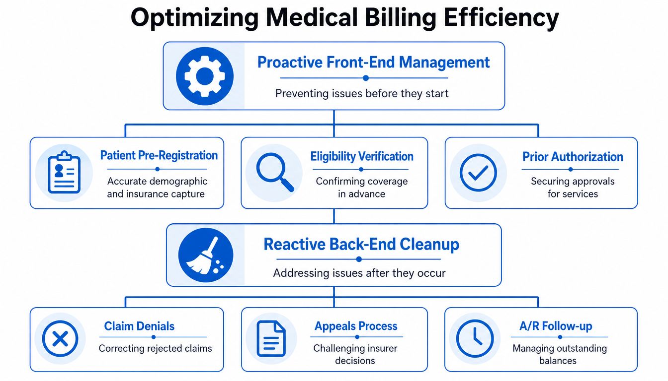 A flowchart showing medical billing efficiency strategies, including front-end management processes and back-end cleanup tasks for healthcare.