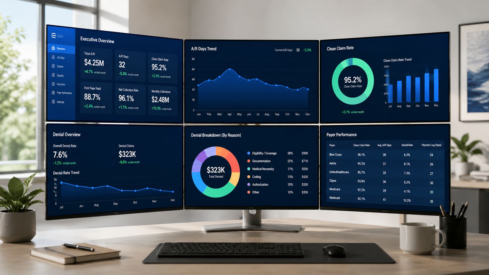 A professional desk setup featuring three large monitors displaying complex medical billing performance metrics and healthcare analytics dashboards.