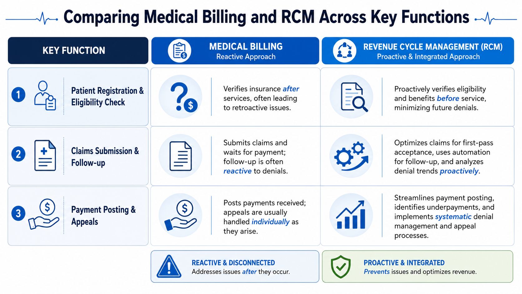 A comparison chart showing the differences between reactive medical billing and proactive revenue cycle management across key functions.