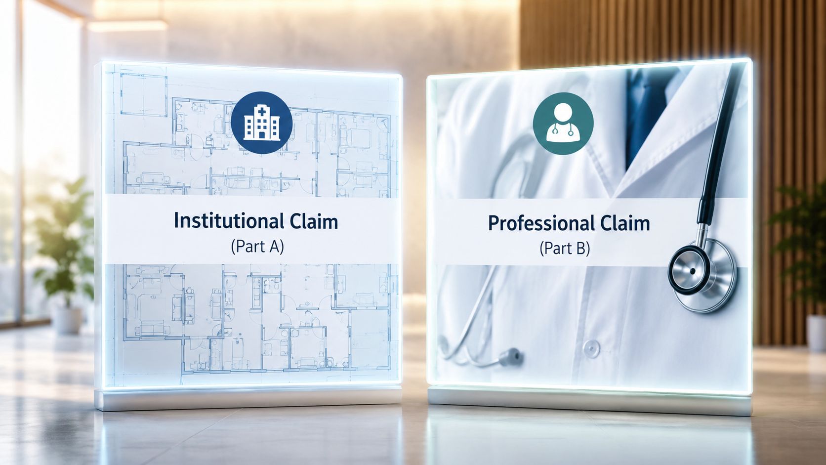 Two glass signs side-by-side displaying Institutional Claim Part A and Professional Claim Part B medical billing concepts.