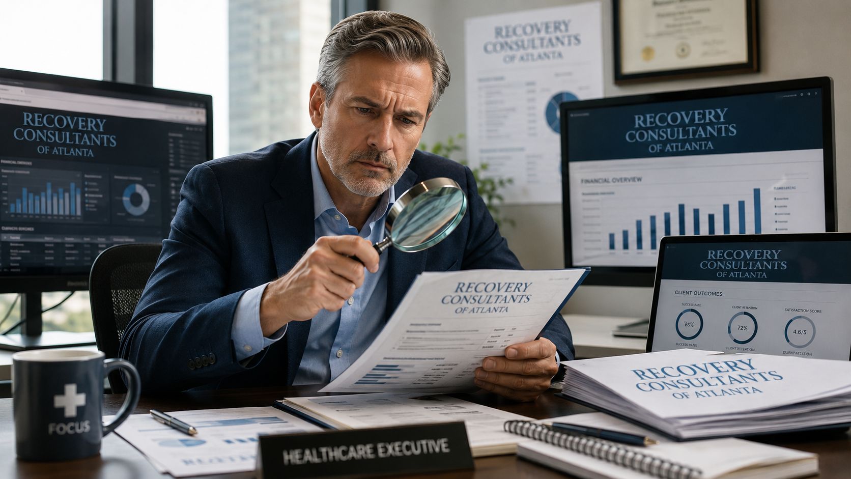 A professional healthcare executive examines business documents with a magnifying glass at an Atlanta consulting office.